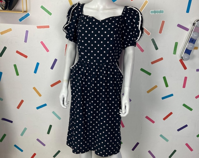 1980s true vintage black white polka dot ruffle design dress size 12/14