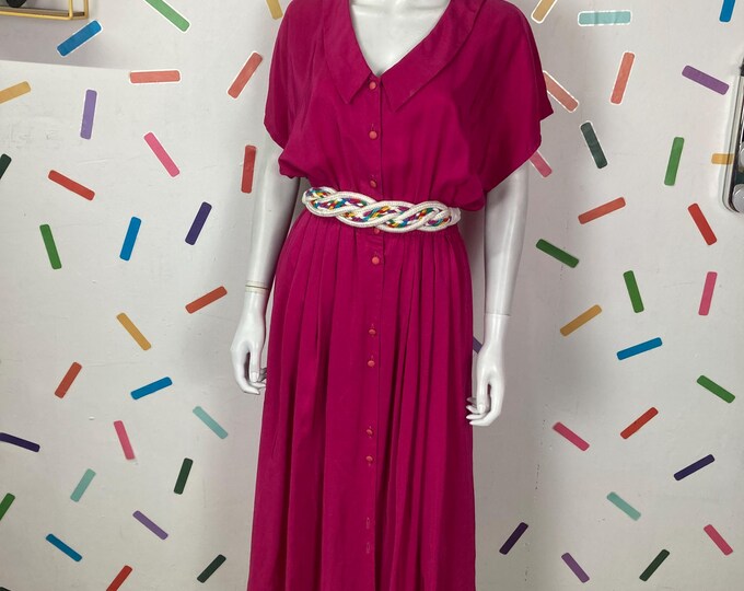 1980s bright pink collar design silk dress size 12