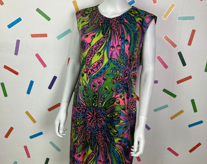 True vintage 1960s psychedelic design midi dress pink / green Size 12