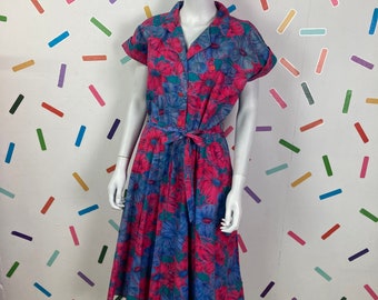 1980s true vintage bright pink and blue midi dress with pockets and belt - Size 1618