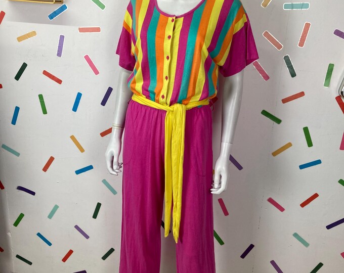 1980s true vintage bright pink stripe jersey   jumpsuit - size 12