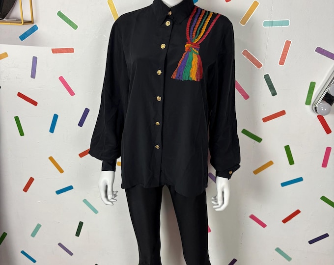 1980s true vintage black tassel design long sleeve blouse size 8-12