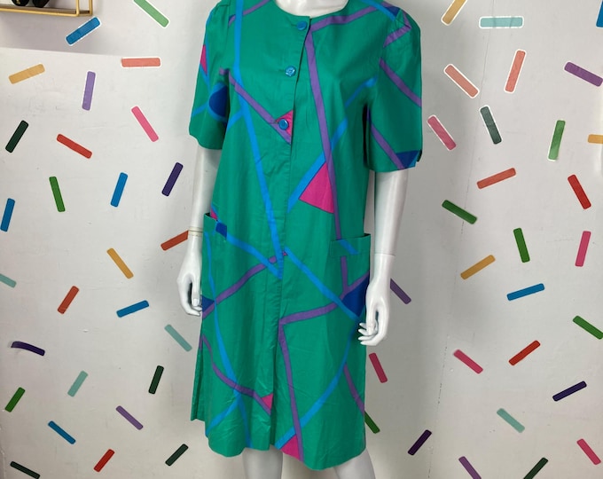 1980s Merry Finn teal geo smock dress Size 10/12