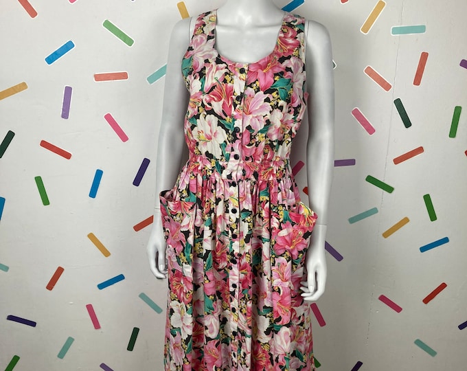 1980s true vintage pink floral cross back midi dress with bucket pockets size 12