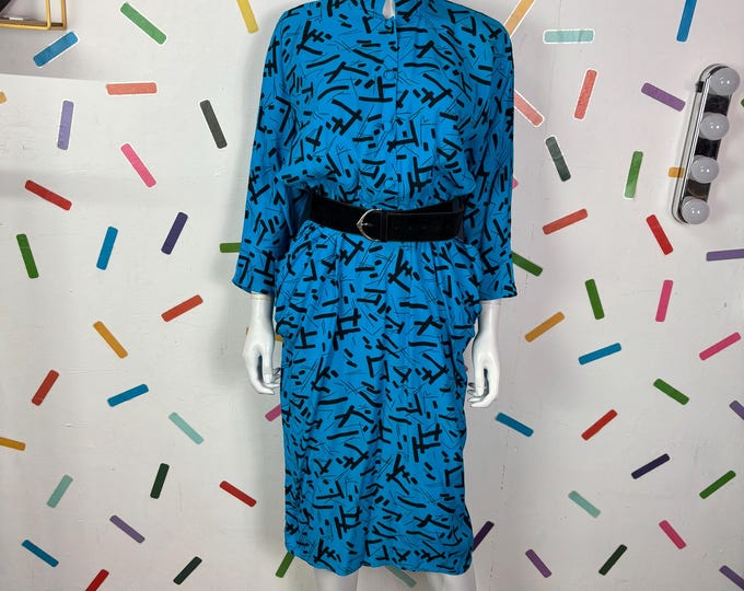 1980s true vintage blue geo long sleeve bat wing midi dress  - size 12/14
