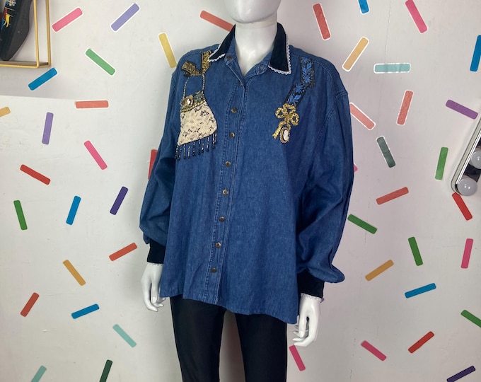 True vintage denim shirt with bag  applique detail size 16/18