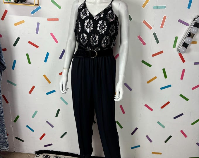 1980s true vintage silver and black strap jumpsuit size 8/10