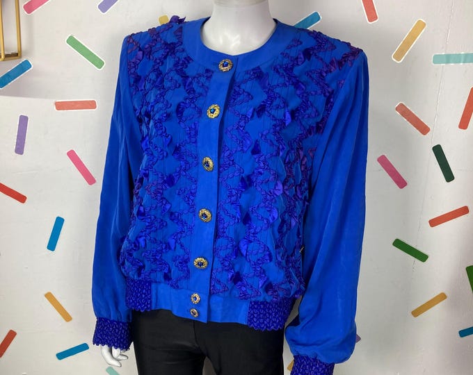 1980s Blue Bow Detail Jacket - Vintage Bomber Style, Size 12/14