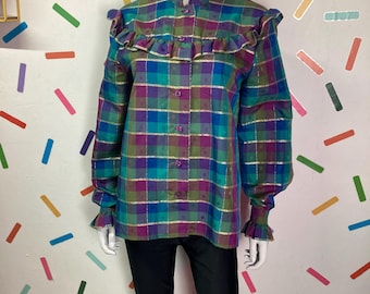 1980s true vintage check ruffle design button blouse with gold tread size 12/14