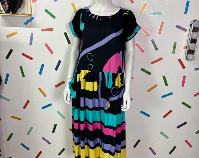 1980s true vintage FENNO geo design short sleeve dress - Size up to 10/12