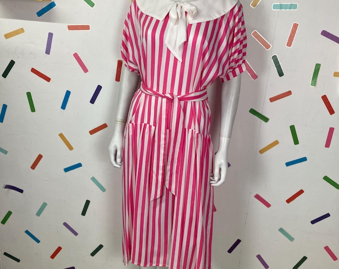 1980s true vintage pink / white stripe midi dress Size 10/12
