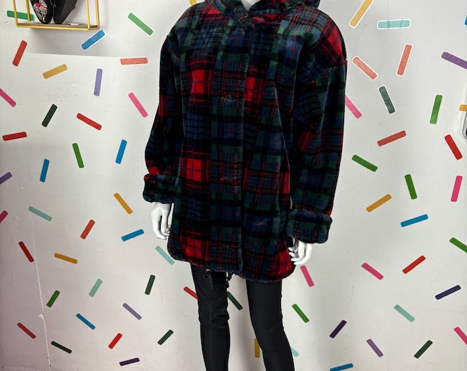 1980s true vintage Donny Brook tartan faux fur coat with waist tie - size 12