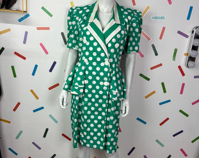 1980s Does 50s Vintage Cotton Midi Peplum Dress: Green Swirl, Size 12