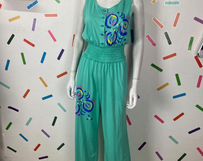1980s true vintage geo design jersey cotton teal  jumpsuit - size 10/12 Fenno Sport