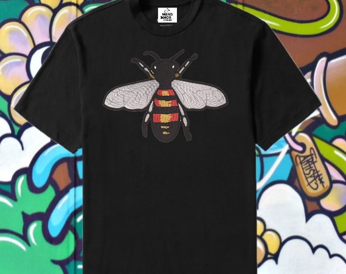 Bee Happy - Large Bee embroidery design handmade T shirt, Black, Grey - sizes S - XL