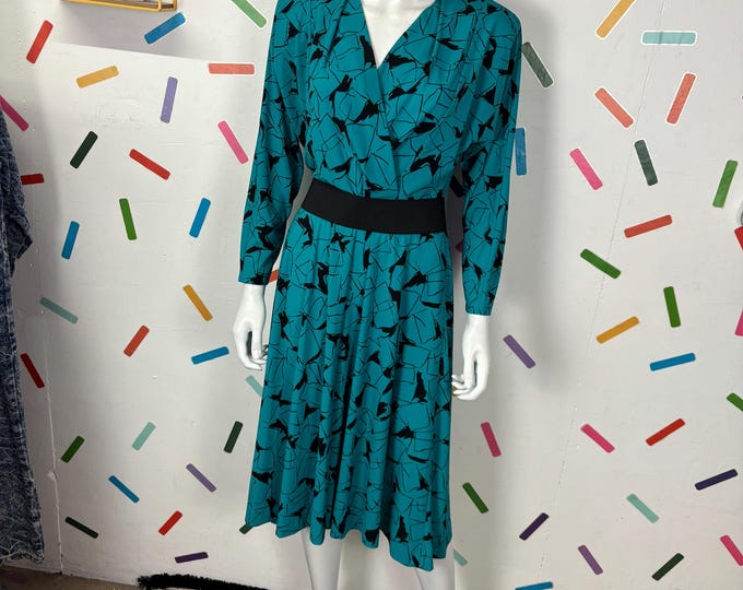1980s true vintage teal and black abstract design midi dress size 12