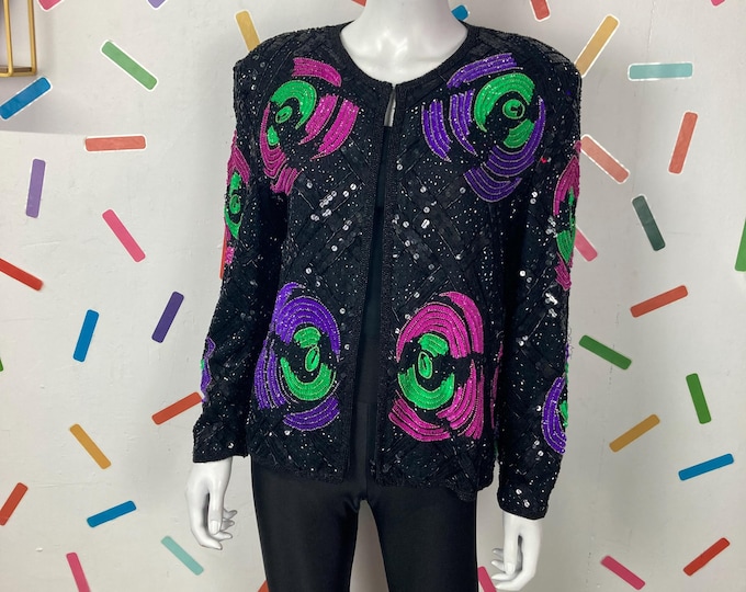 1980s true vintage swirl design black / pink / green sequin jacket Size 12/14