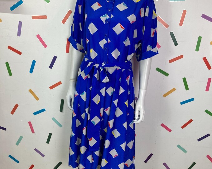 1980s  true vintage geo / check design short sleeve midi dress with belt - size 14/16