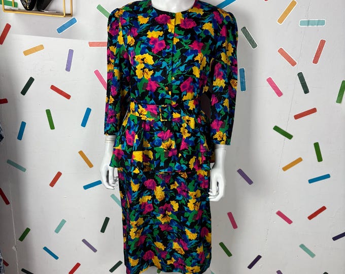 1980s Floral Peplum Midi Dress, Black Pink Yellow Polyester Richards Size 12/14