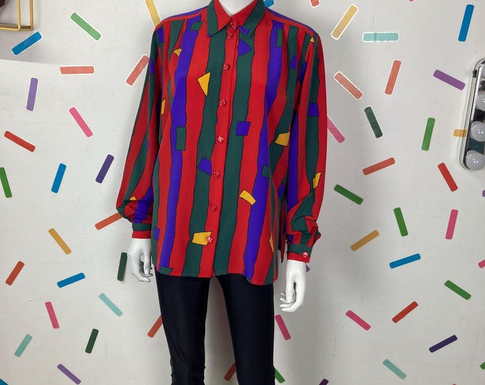 1980s true vintage stripe / geo design long sleeve blouse size 14/16
