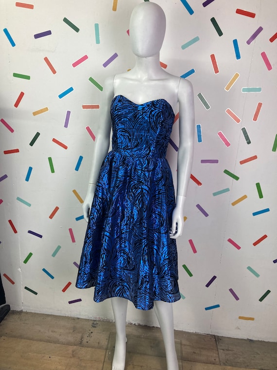 1980s True vintage blue lame party dress with velvet detail size 8/10