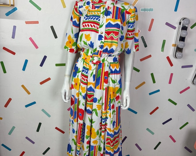 1980s true vintage white floral short sleeve dress size 14/16