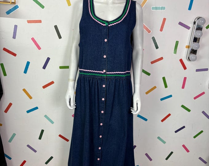 1980s true vintage denim pinafore dress with pink / green ric rac size 14