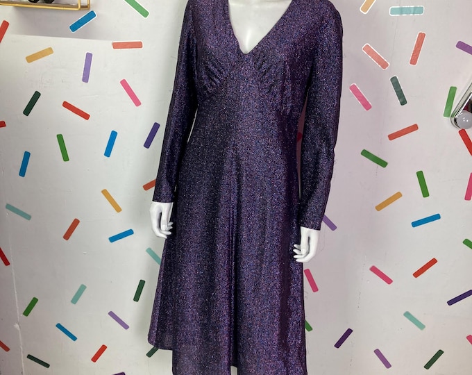 1970s true vintage pink / purple lurex midi dress - size 12/14