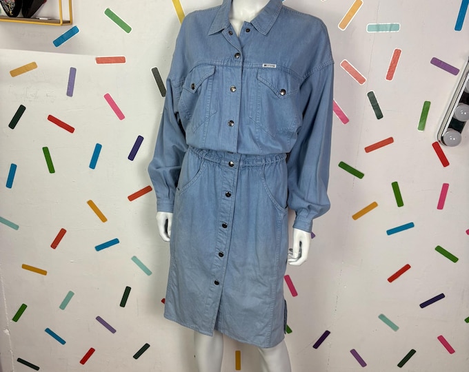 1980s true vintage light denim long sleeve midi dress size 14/16