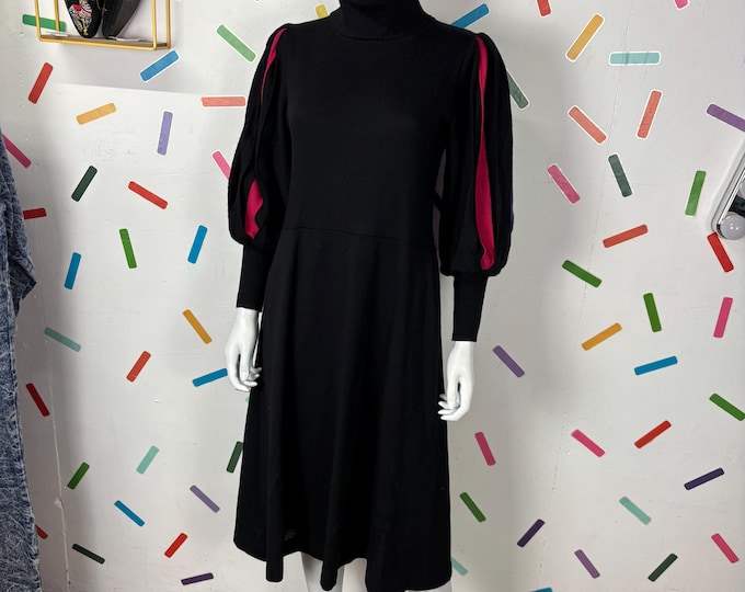 1980s true vintage black knitted balloon colour pop  sleeve midi dress - size 12/14