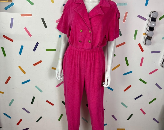 1980s true vintage bright pink towelling  jumpsuit size 12/14