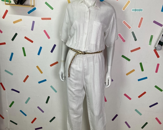 White 1980s texture design short sleeve jumpsuit with pockets size 12