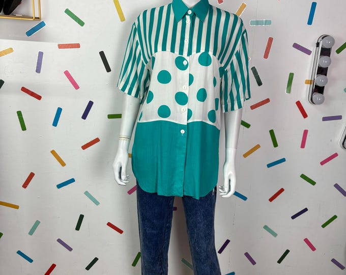 1980s true vintage geo design short sleeve top teal / white -  size 12