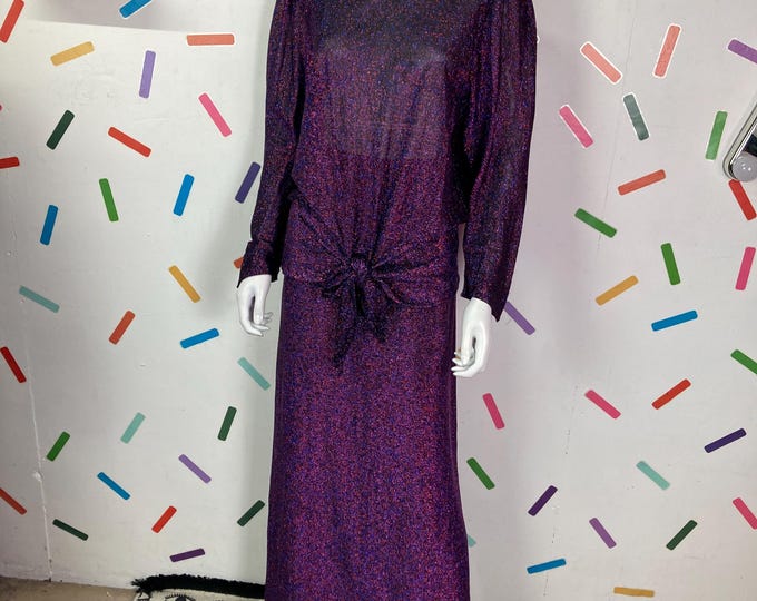 1980s true vintage blue / red shiny lurex two piece set skirt / top size 12