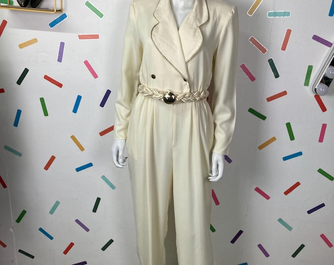 1980s Cream / Gold  long sleeve jumpsuit size 12/14