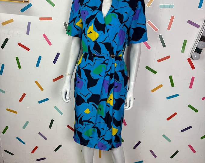 1980s vintage blue abstract geo design dress  size 12