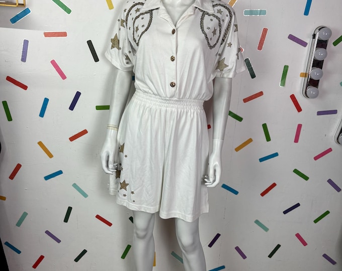 1980s true vintage white rope design playsuit with pockets-  Size 14