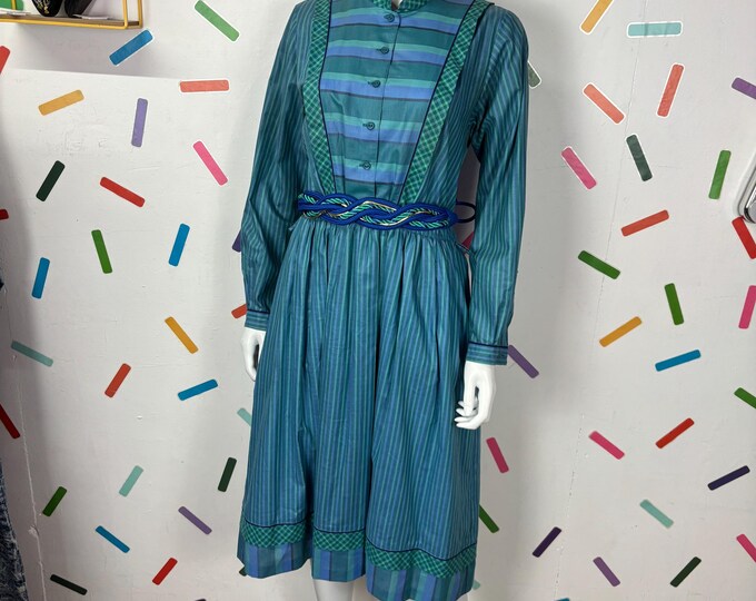 True vintage blue and green stripe western midi dress with pockets size 12
