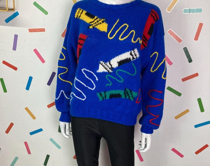 True vintage bright blue crayon design hand knitted jumper Size 10/12