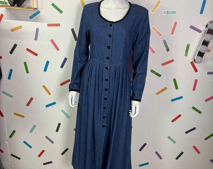 1980s true vintage velvet trim denim long sleeve midi dress  size 12