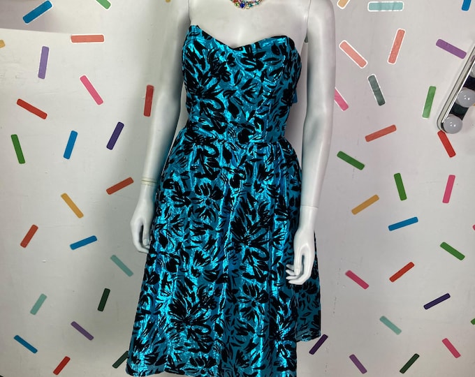 1980s true vintage blue / black strapless dress size 12