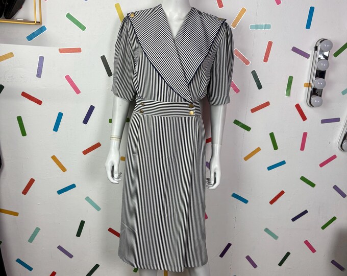 1980s true vintage - black and white nautical style wrap dress - Size 14/16