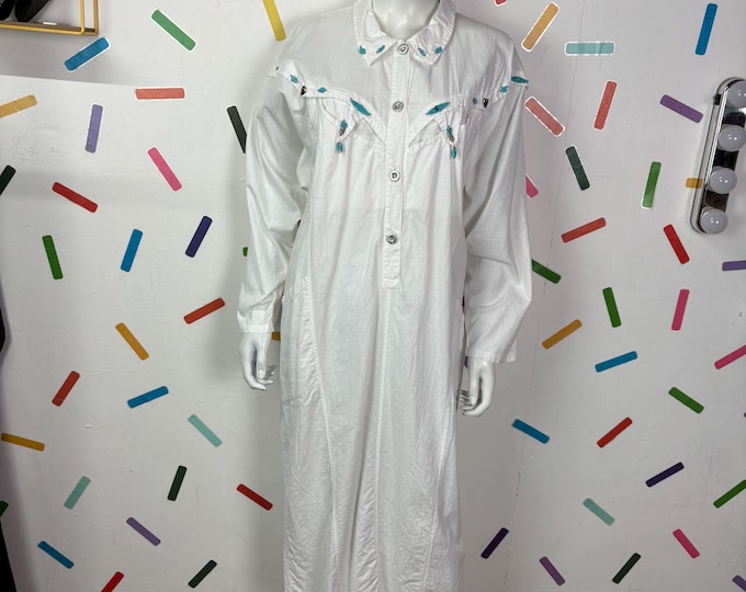 1980 true vintage white western design batwing midi dress size 12/14