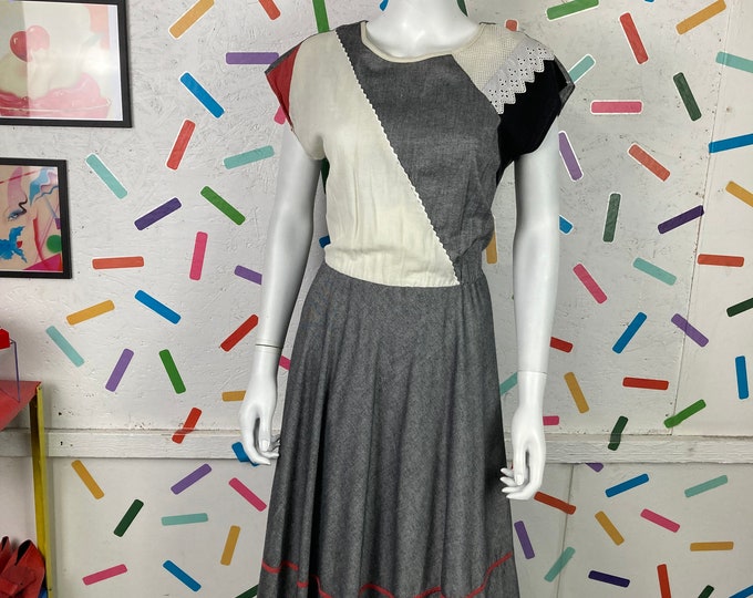 1980s true vintage western patchwork midi dress black red cream - Size up to 12/14