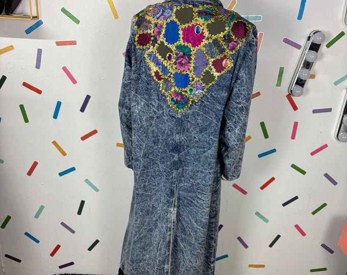 Super Rare 1980s true vintage long denim jewel hand painted jacket size 12/14