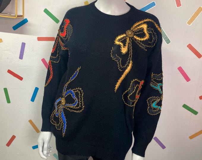 True vintage 1980s bow design black sequin jumper Size 12