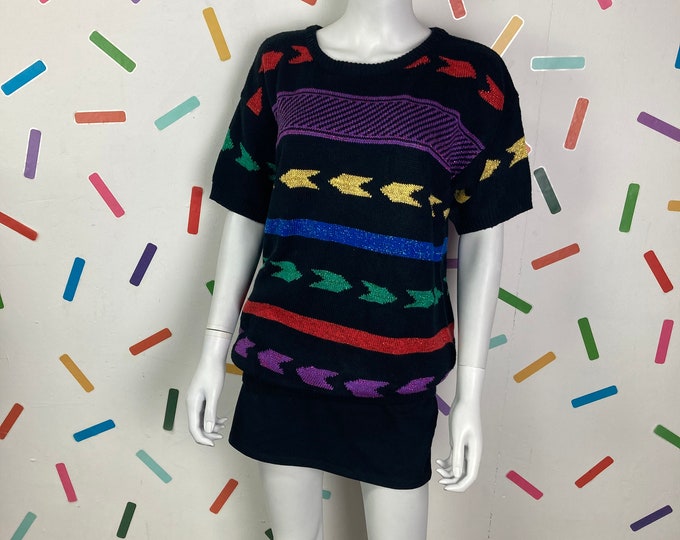 1980s true vintage geo glitter design short sleeve knitted top size 12- 16