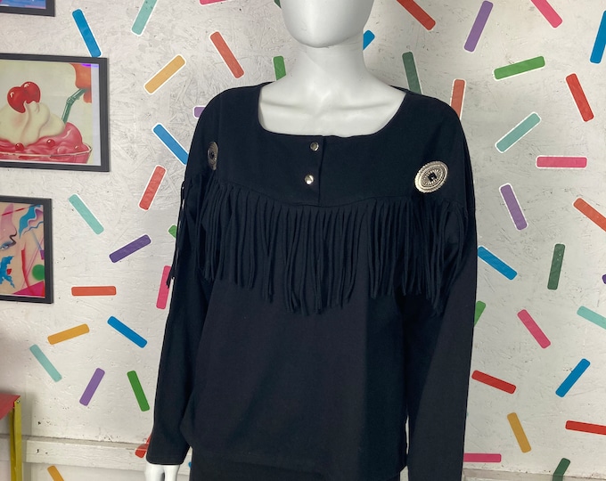 1980s true vintage black western tassel design long sleeve top - size up to 16