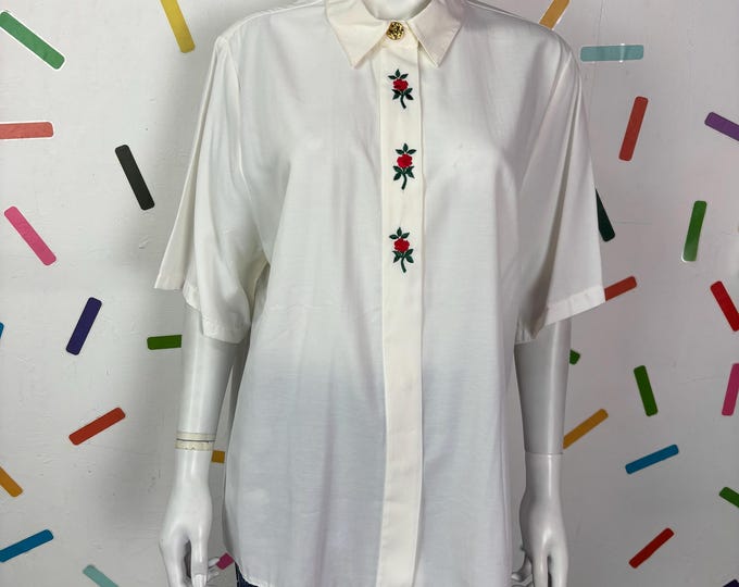 True vintage Austrian / Germanic dirndl design white blouse with red floral embroidery - size  14/16