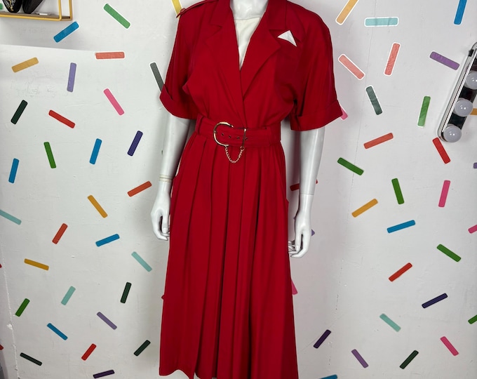 1980s true vintage red midi dress with white collar detail size 10/12